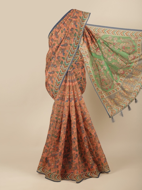 

Pothys Peach-Coloured & Blue Floral Saree