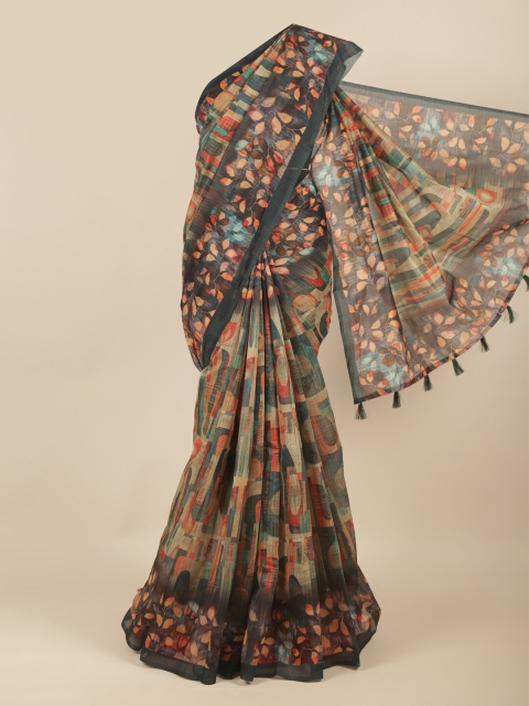 

Pothys Navy Blue & Peach-Coloured Floral Saree