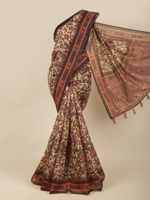 

Pothys Cream-Coloured & Brown Floral Cotton Blend Saree