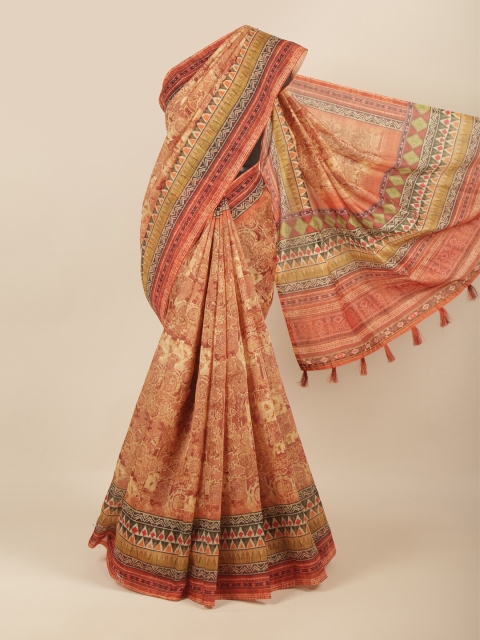 

Pothys Peach-Coloured & Green Cotton Blend Saree