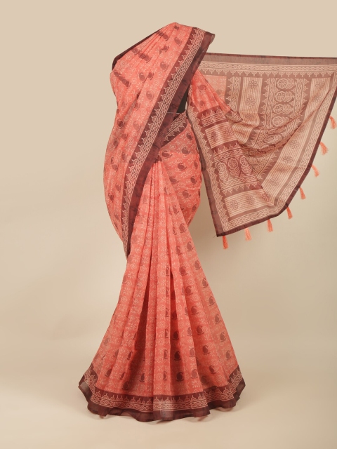 

Pothys Peach-Coloured & Brown Floral Saree