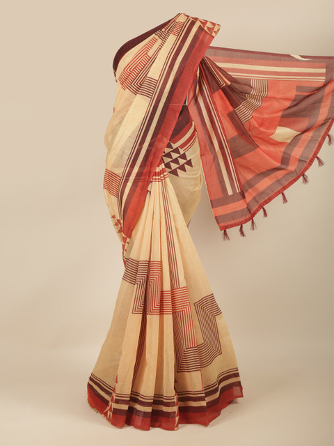 

Pothys Peach-Coloured & Cream-Coloured Printed Saree