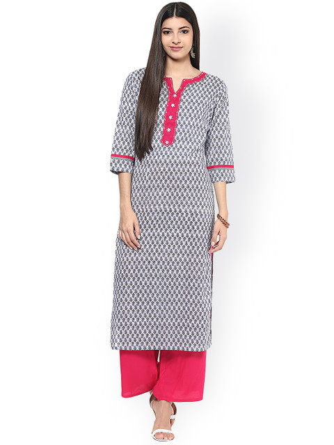 

Jaipur Kurti Women Off-White & Navy Printed Straight Kurta