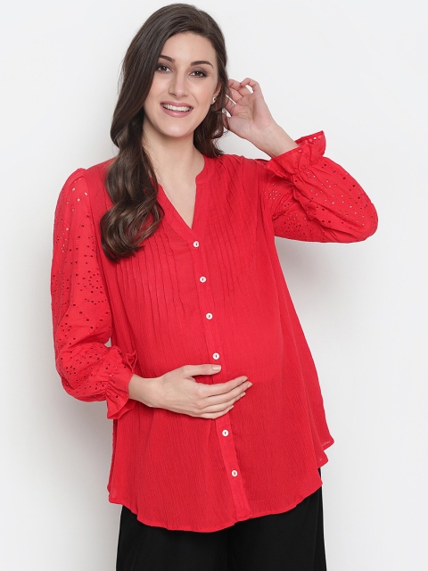 

Oxolloxo Red Mandarin Maternity Collar Shirt Style Top