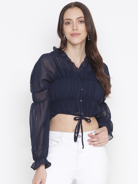 

Oxolloxo Blue Crepe Ruched Crop Top With Waist Tie-Up