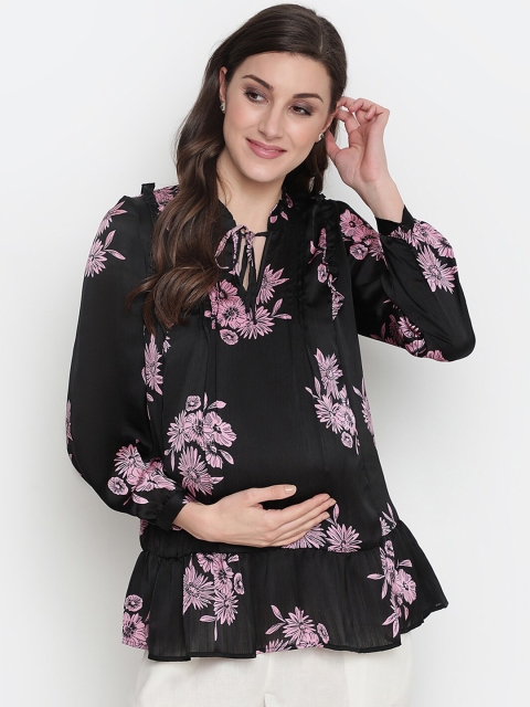 

Oxolloxo Black & Pink Floral Print Tie-Up Neck Ruffles Maternity Top
