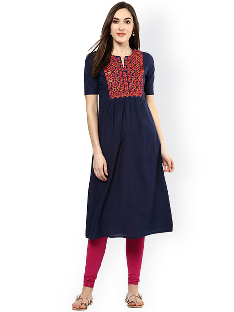 

Jaipur Kurti Women Navy Embroidered A-Line Kurta, Navy blue