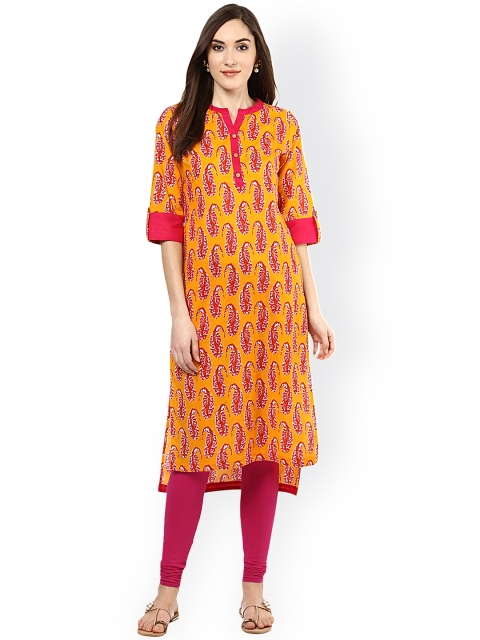 

Jaipur Kurti Women Mustard Yellow & Pink Printed Straight Kurta