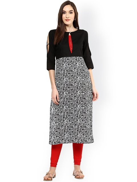 

Jaipur Kurti Women Black and White Printed Straight Kurta