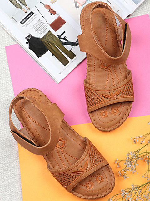 

THE WHITE POLE Brown Embellished Open Toe Wedge Sandals