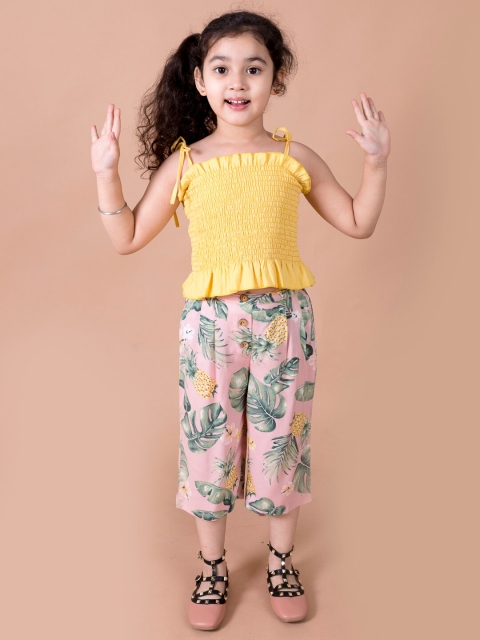 

pspeaches Girls Yellow & Pink Printed Shoulder Straps Co-Ords Set