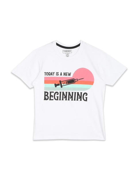 

Cherokee Boys White Cotton Typography Printed T-shirt