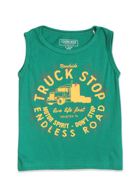 

Cherokee Boys Green Typography Printed Sleeveless Cotton T-shirt