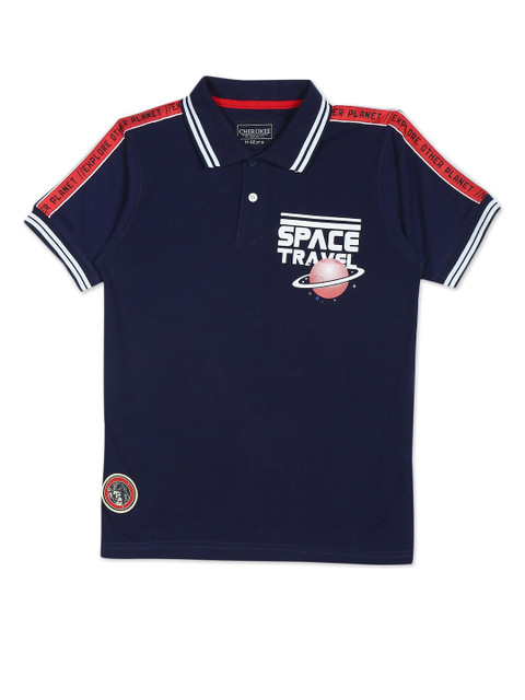 

Cherokee Boys Navy Blue Printed Polo Collar T-shirt