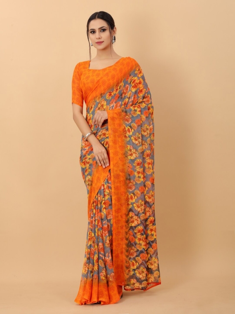 

PERFECTBLUE Orange & Grey Floral Georgette Saree