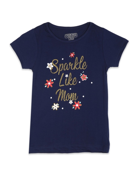 

Cherokee Girls Blue & Brown Typography Printed T-shirt