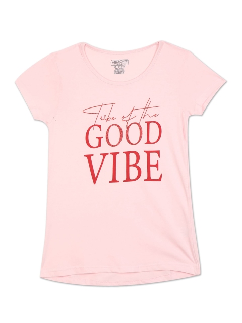 

Cherokee Girls Pink Typography Printed Pure Cotton T-shirt
