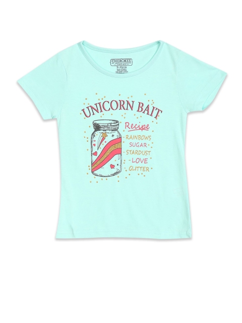 

Cherokee Girls Turquoise Blue Graphic Printed Regular Fit T-shirt