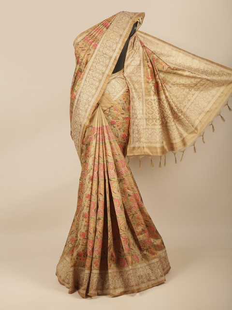 

Pothys Gold-Toned & Pink Floral Jute Cotton Saree