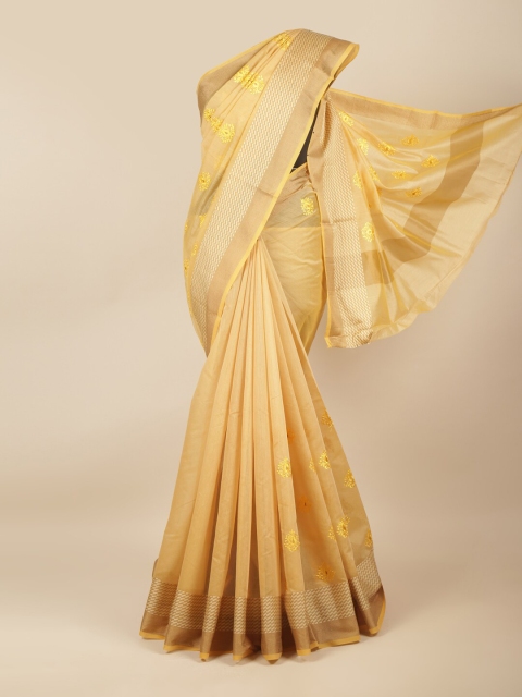 

Pothys Cream-Coloured & Yellow Ethnic Motifs Zari Saree