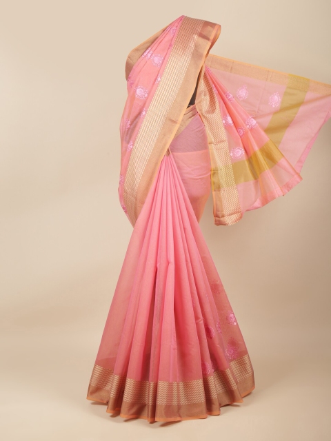 

Pothys Pink & Gold-Toned Floral Zari Saree