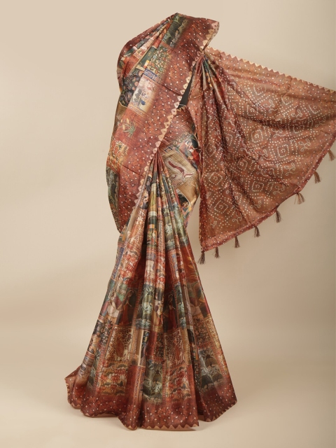 

Pothys Brown & Green Ethnic Motifs Jute Silk Saree