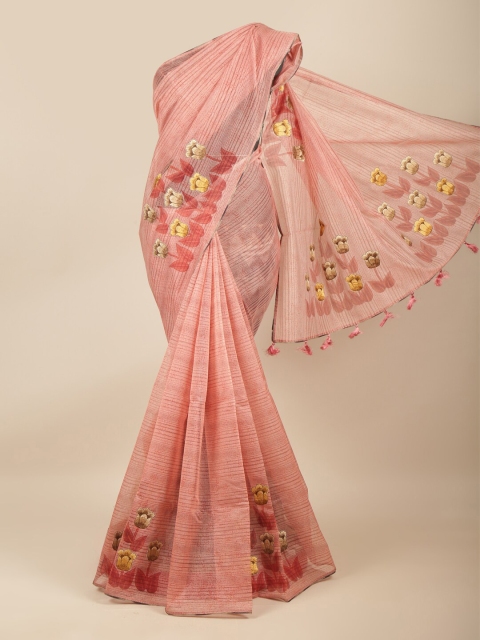 

Pothys Peach-Coloured & Yellow Floral Supernet Saree