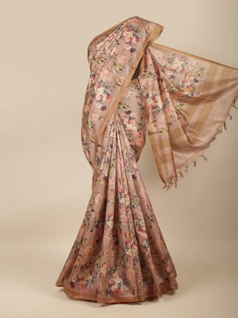 

Pothys Peach-Coloured & Green Floral Jute Cotton Saree
