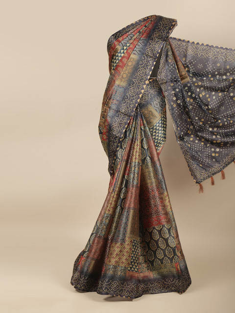 

Pothys Navy Blue & Beige Ethnic Motifs Jute Silk Saree