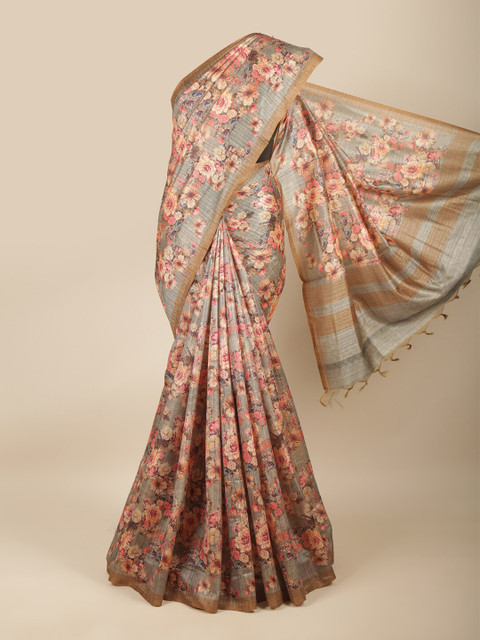 

Pothys Grey & Pink Floral Jute Cotton Saree