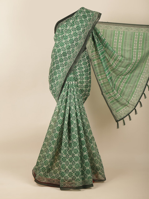 

Pothys Green & Off White Floral Saree