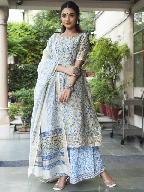 

Zanani INDIA Women Blue Floral Printed Chanderi Silk Kurta with Skirt & With Dupatta