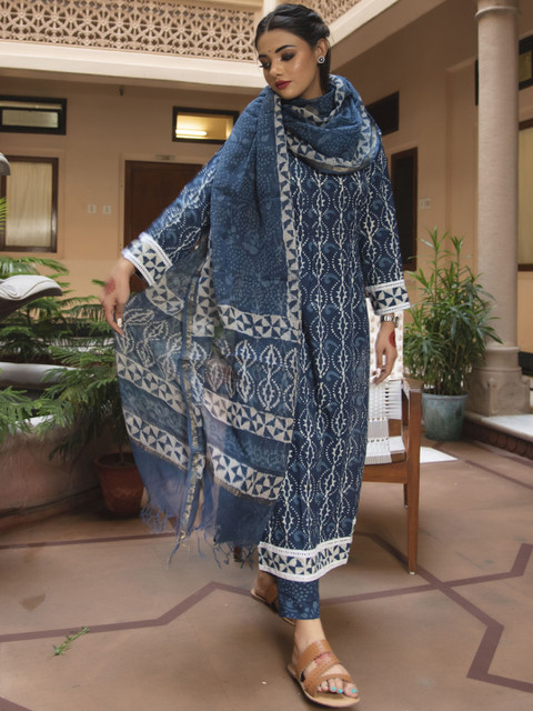 

Zanani INDIA Women Blue Ethnic Motifs Printed Pure Cotton Kurta with Trousers & With Dupatta