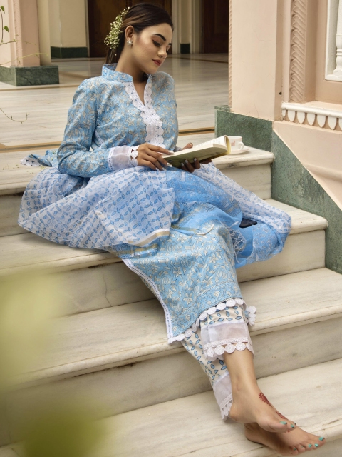 

Zanani INDIA Women Blue Ethnic Motifs Embroidered Pure Cotton Kurta with Trousers & With Dupatta