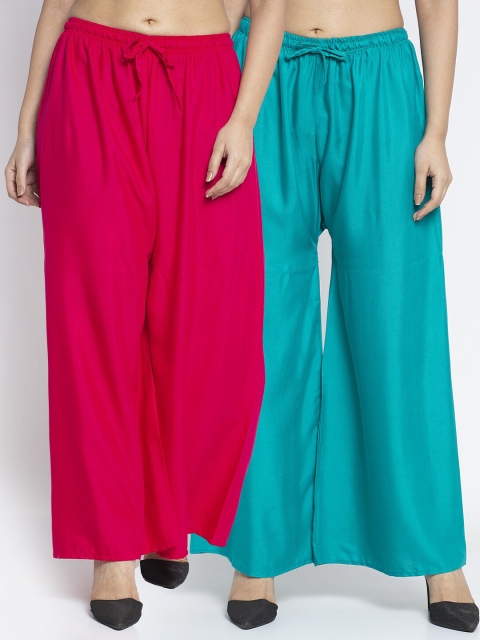 

Jinfo Women Pink & Sea Green 2 Flared Palazzos
