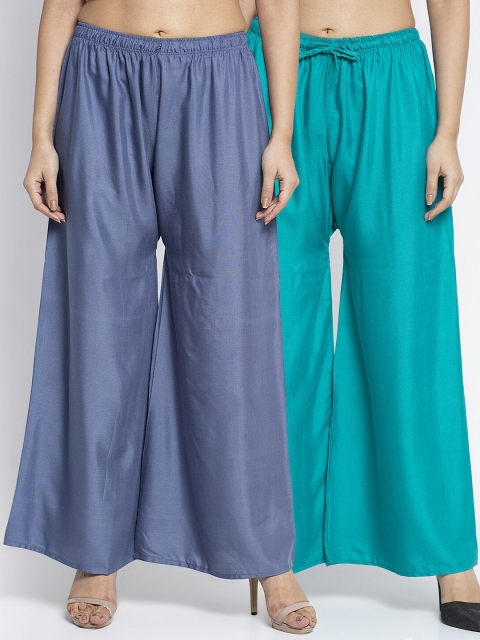 

Jinfo Women Grey & Blue Set of 2 Flared Knitted Palazzos