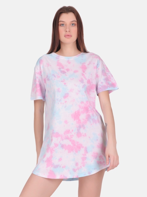 

Masha Women Cotton Pink & Blue Tie & Dye Printed Nightdress