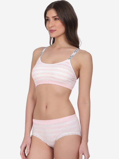 

PRETTYBOLD Women Pink & White Striped Cotton Lingerie Set