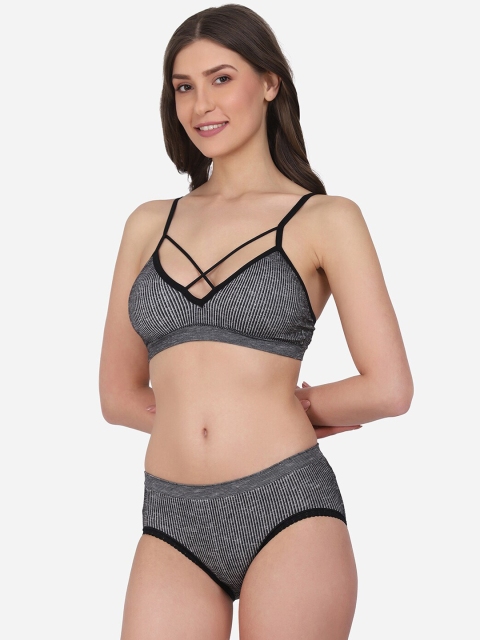 

PRETTYBOLD Women Black Striped Criss Cross Lingerie Set