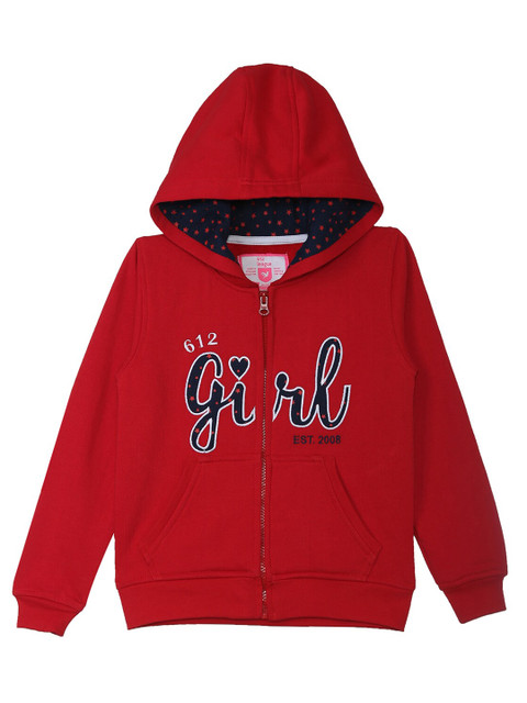 

612 league Girls Red Printed Hooded Sweatshirt