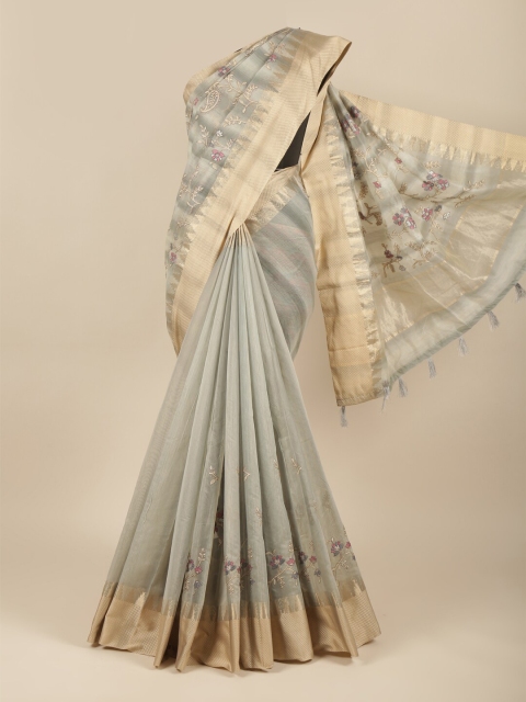 

Pothys Grey & Gold-Toned Floral Jute Cotton Saree