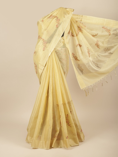

Pothys Yellow & Pink Floral Embroidered Zari Jute Cotton Saree