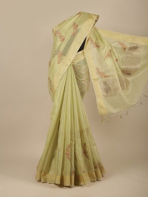 

Pothys Green & Gold-Toned Floral Embroidered Jute Cotton Saree