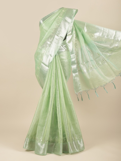 

Pothys Green & Silver-Toned Embellished Mirror Work Jute Cotton Saree