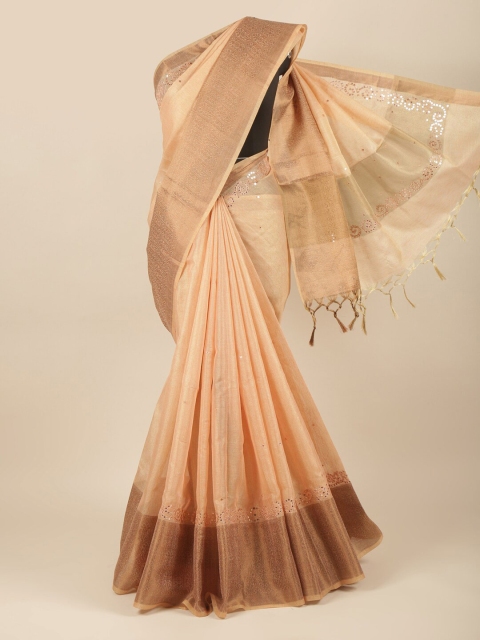 

Pothys Peach-Coloured & Gold-Toned Embellished Zari Tissue Saree