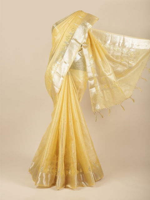 

Pothys Yellow & Silver-Toned Mirror Work Embellished Zari Jute Cotton Saree