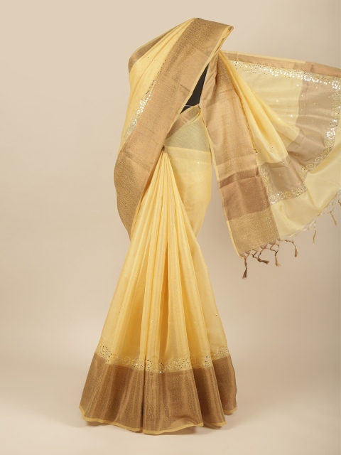 

Pothys Yellow & Gold-Toned Embellished Mirror Work Zari Tissue Saree