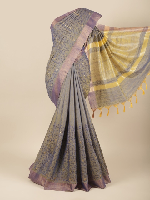 

Pothys Blue & Yellow Floral Embroidered Jute Silk Saree