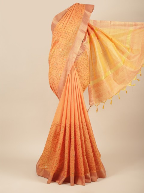 

Pothys Peach-Coloured & Gold-Toned Floral Embroidered Jute Silk Saree