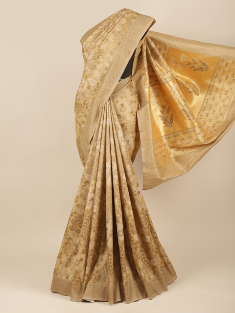 

Pothys Tan & Gold-Toned Woven Design Ethnic Motifs Jute Silk Saree